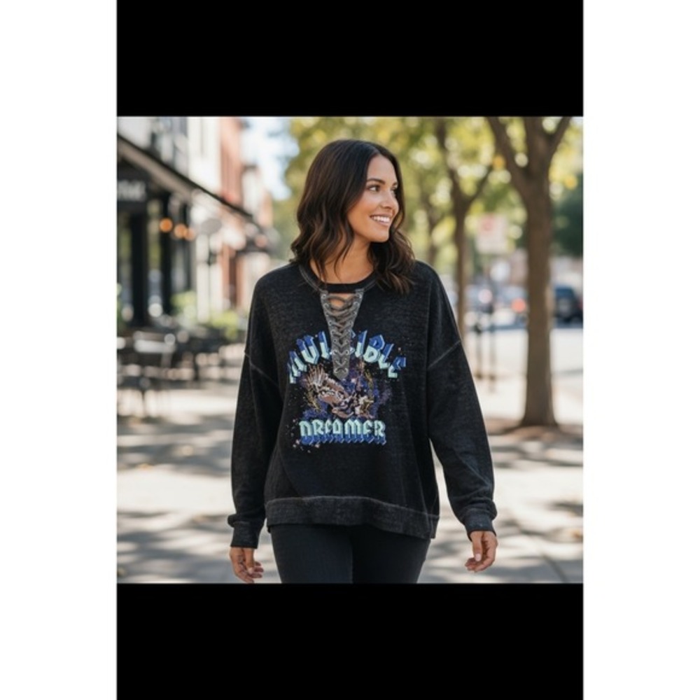 Arizona Jean‎ Co Lace Up Graphic Sweatshirt Invisible Dreamer XS